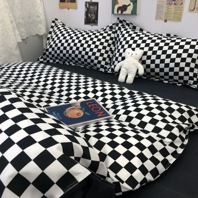 Nordic Minimalist Ins Washed Cotton Bed Four-piece Checkerboard Lattice Quilt Cover Bed Sheet Three-piece Student Dormitory