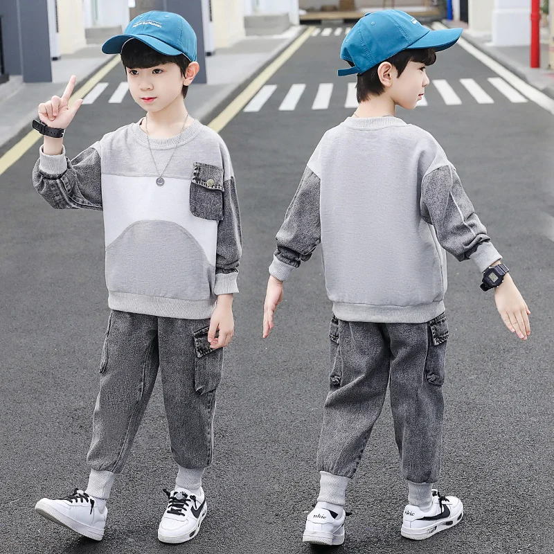 

Boys' spring and autumn foreign style cowboy two-piece set, big boys' Korean version long sleeved baby, handsome trend