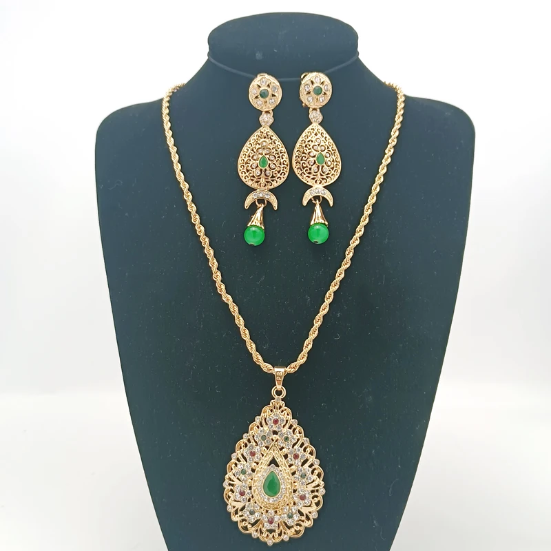 

Arabian Ladies Wedding Jewelry Set Water Drop Pendant Necklace Moon Shape Women Earrings Chic Moroccan Bridal Gift