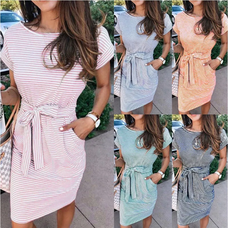 

2023 Fashion Stripe Print O Neck Women Mid Length Dress Summer Causal Loose Solid Short Sleeve Sashes Bandage Poscket Lady Dress