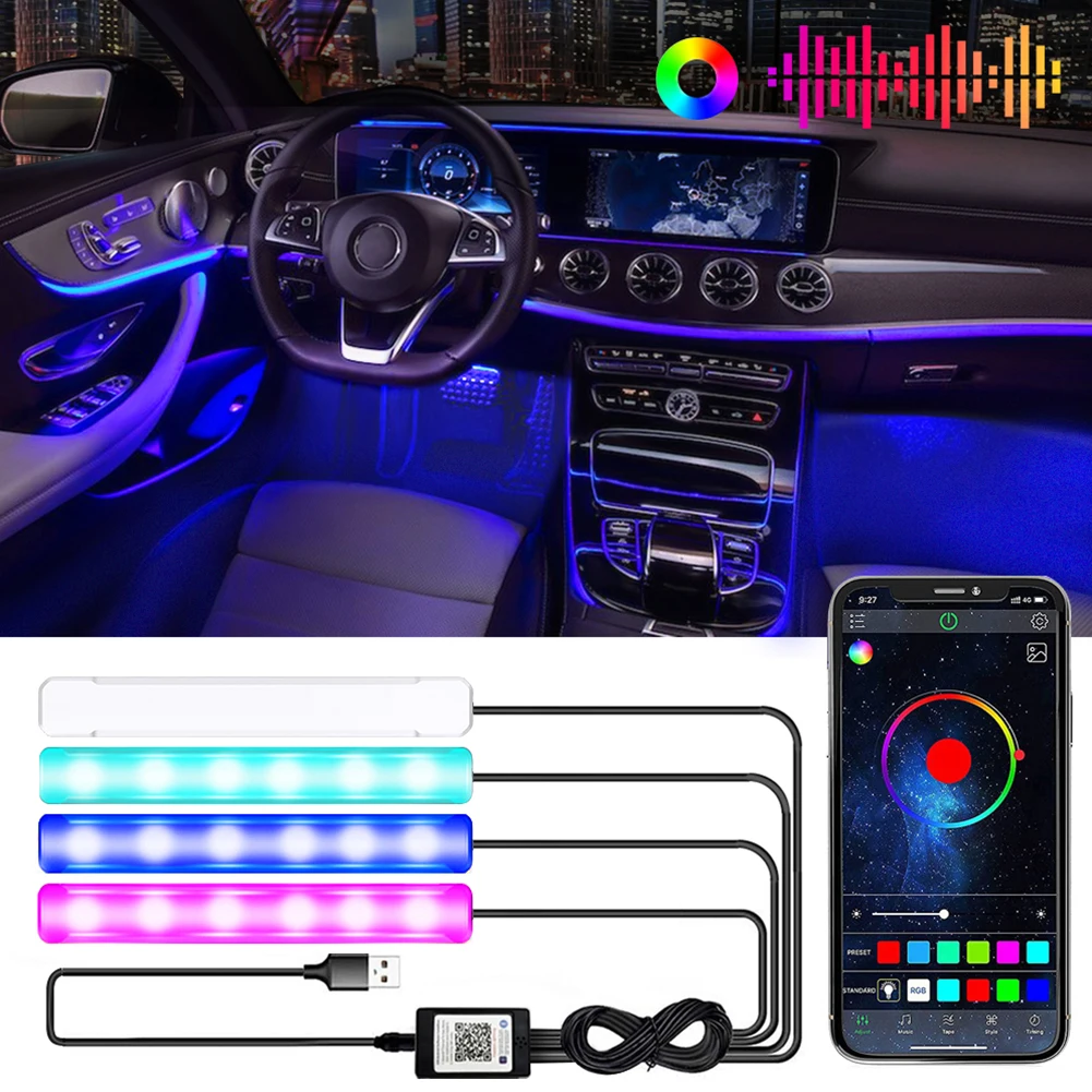

Автомобисветильник подсветка для ног, декоративная RGB лента с USB подсветкой, управление через приложение, несколько режимов, аксессуары