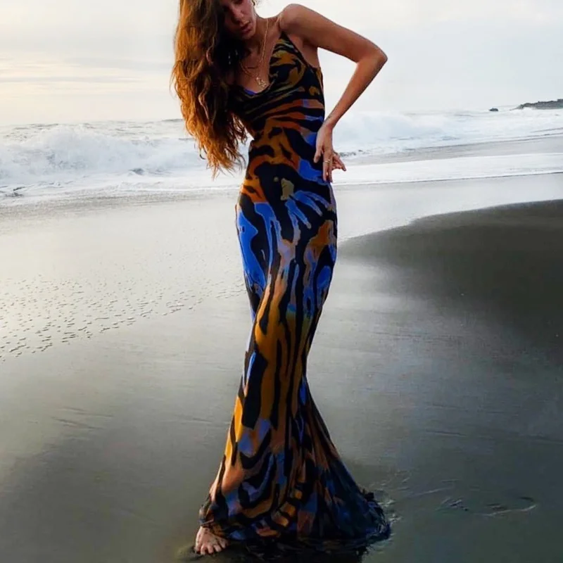 

Женское пляжное платье на тонких бретельках, повседневное длинное облегающее платье с принтом