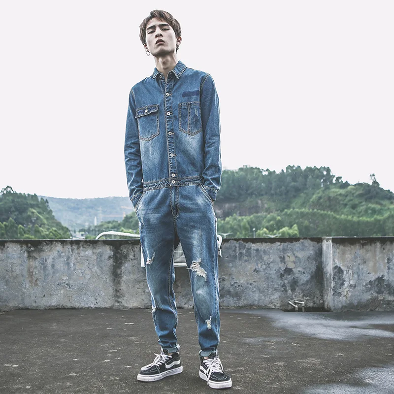 Spring and Autumn Men Jumpsuit Overalls Denim Jumpsuit Men's Hip Hop Hole Small Feet Denim Jacket Jumpsuit Men