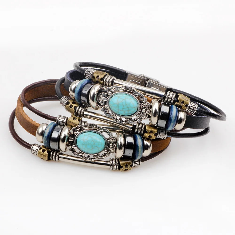 

Fashion Vintage Turquoise Bracelet Women Personality Stainless Steel Leather Bracelet Hand-woven Men's Leather Jewelry Trinkets