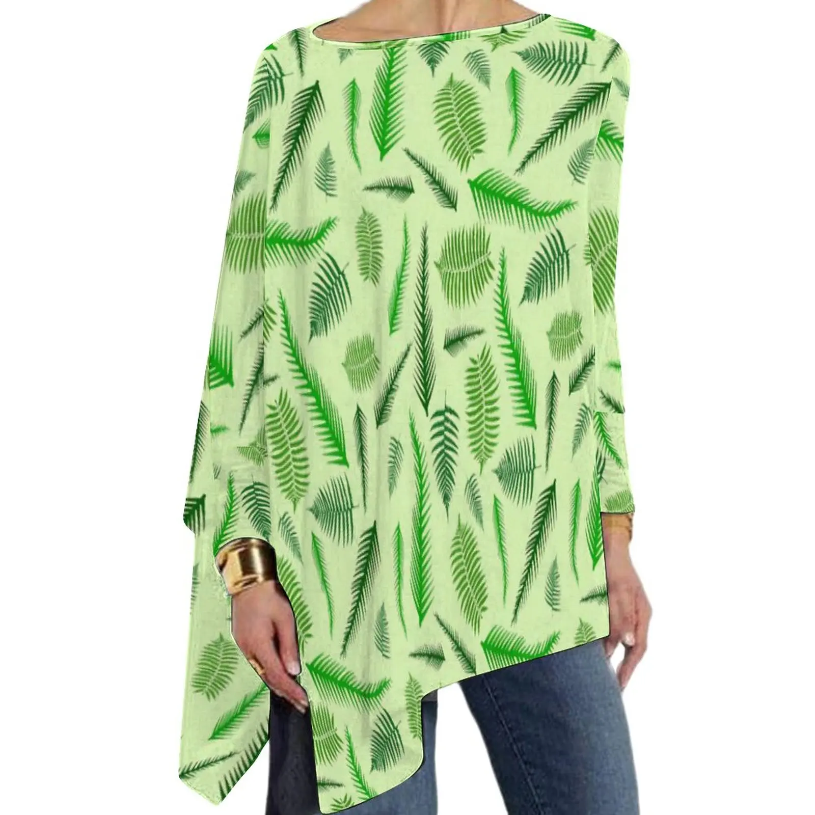 

Футболка женская с длинным рукавом и принтом зеленых листьев