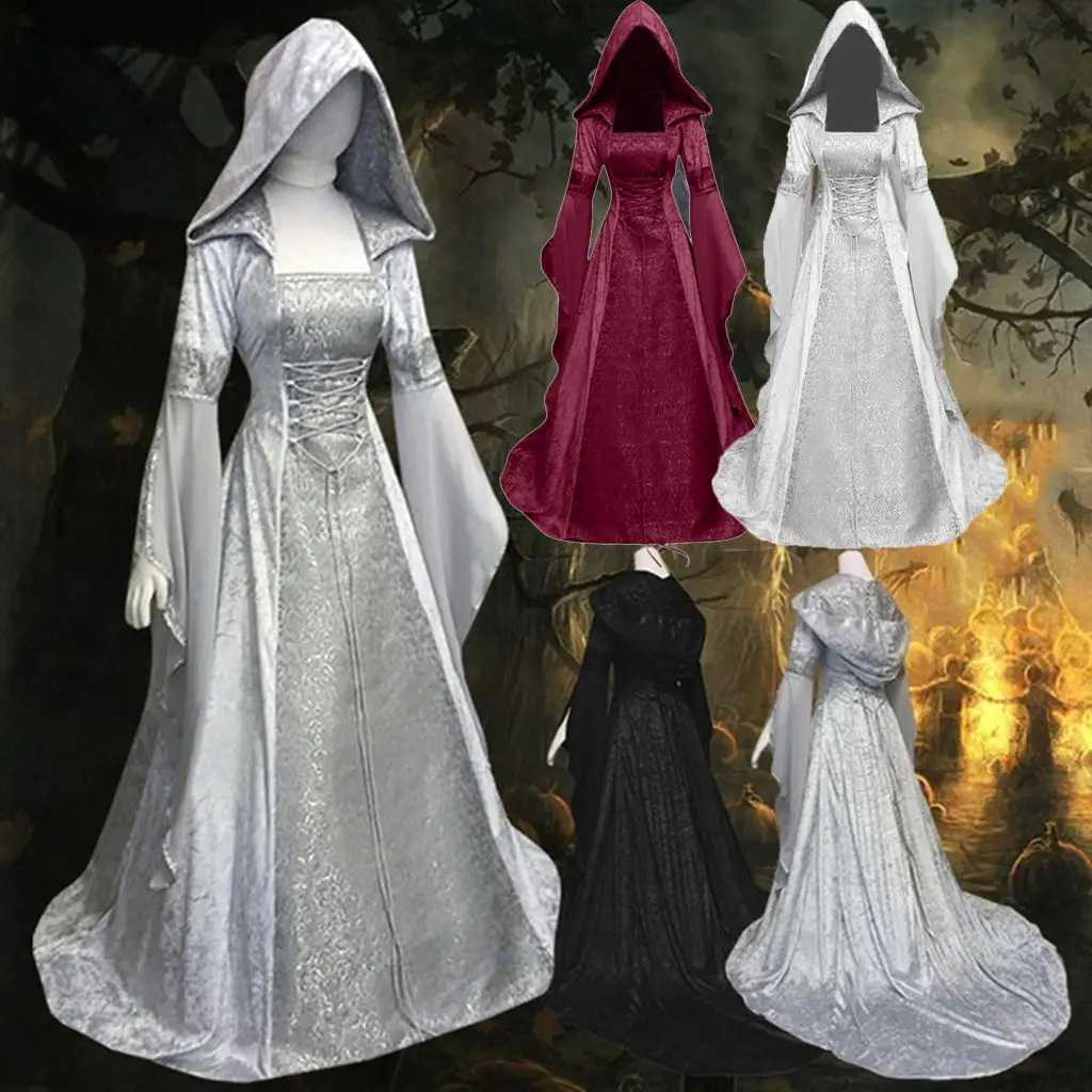 

Women Medieval Vintage Punk Dress Long Sleeve Suqare Collar Hooded Floor Length Renaissance Gothic Dress Cosplay Halloween
