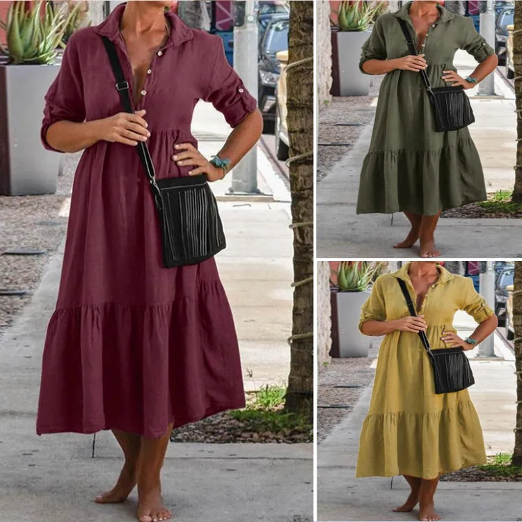 

2023 New Cotton Linen Long Irregular Dress Shirt Neck Twisted Casual Dress