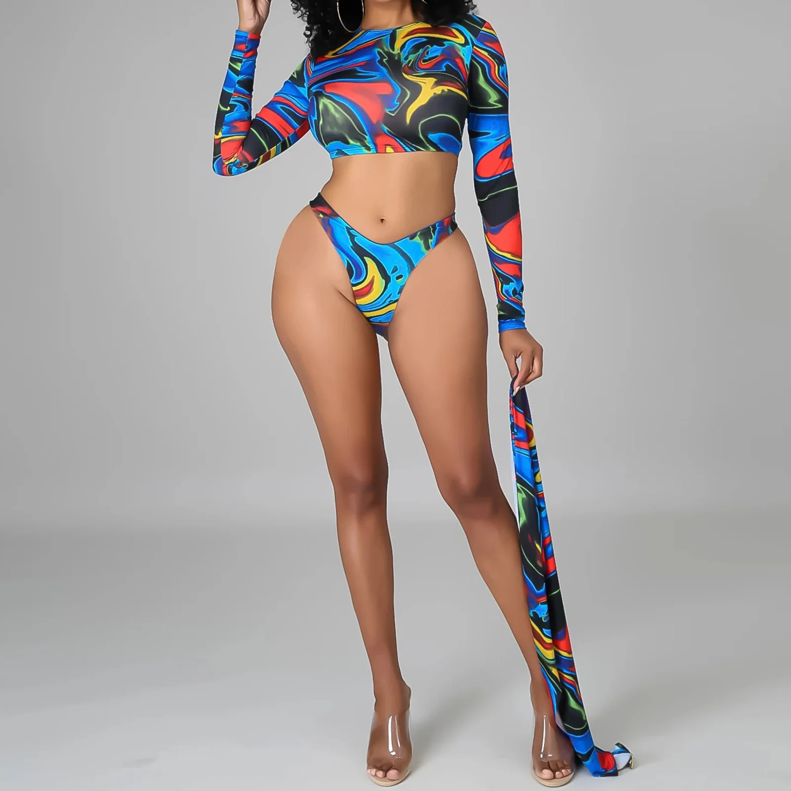 

3pcs/set Bathing Suits Long Sleeve Printed Swim Bikini Set Fashion Round Neck Spring Summer for Seaside Vacation