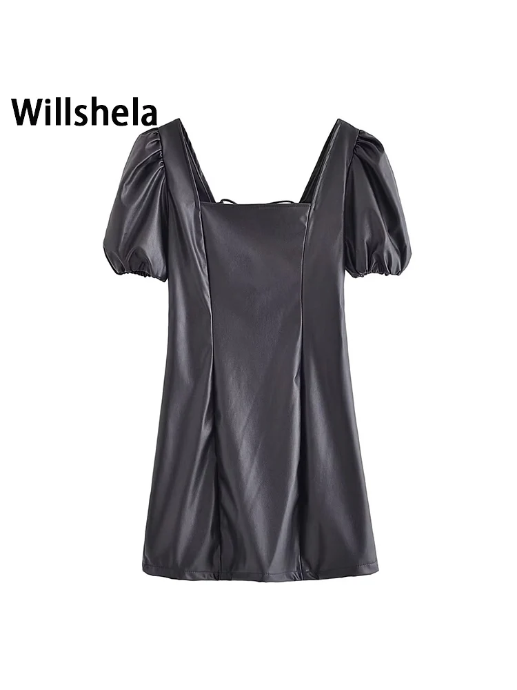 

Willshela женское модное однотонное Бандажное мини-платье из искусственной кожи с открытой спиной на молнии винтажное платье с квадратным воро...