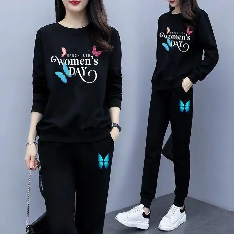 

Spring and Autumn Casual Sports Two-piece Women's Loose Korean Fashion Casual Thin Section Long-sleeved Cropped Pants Set