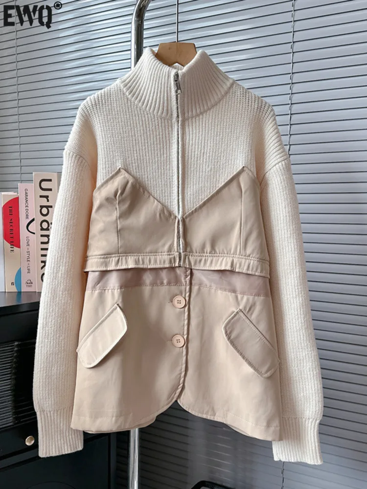 

[EWQ] Long Sleeve Loose Outerwear Stand Collar Sweater Patchwork Fashion Women's Clothing Warm Knit Coats Winter Jacket 16O484