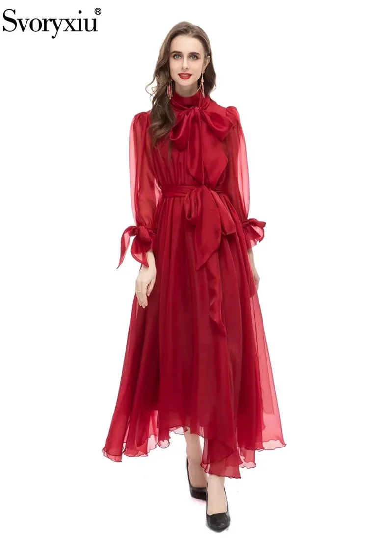 Svoryxiu High Quality New Summer Designer Vintage Red Color Asymmetrical Midi Dress Women Flare Sleeve Bow High Waist Slim Dress