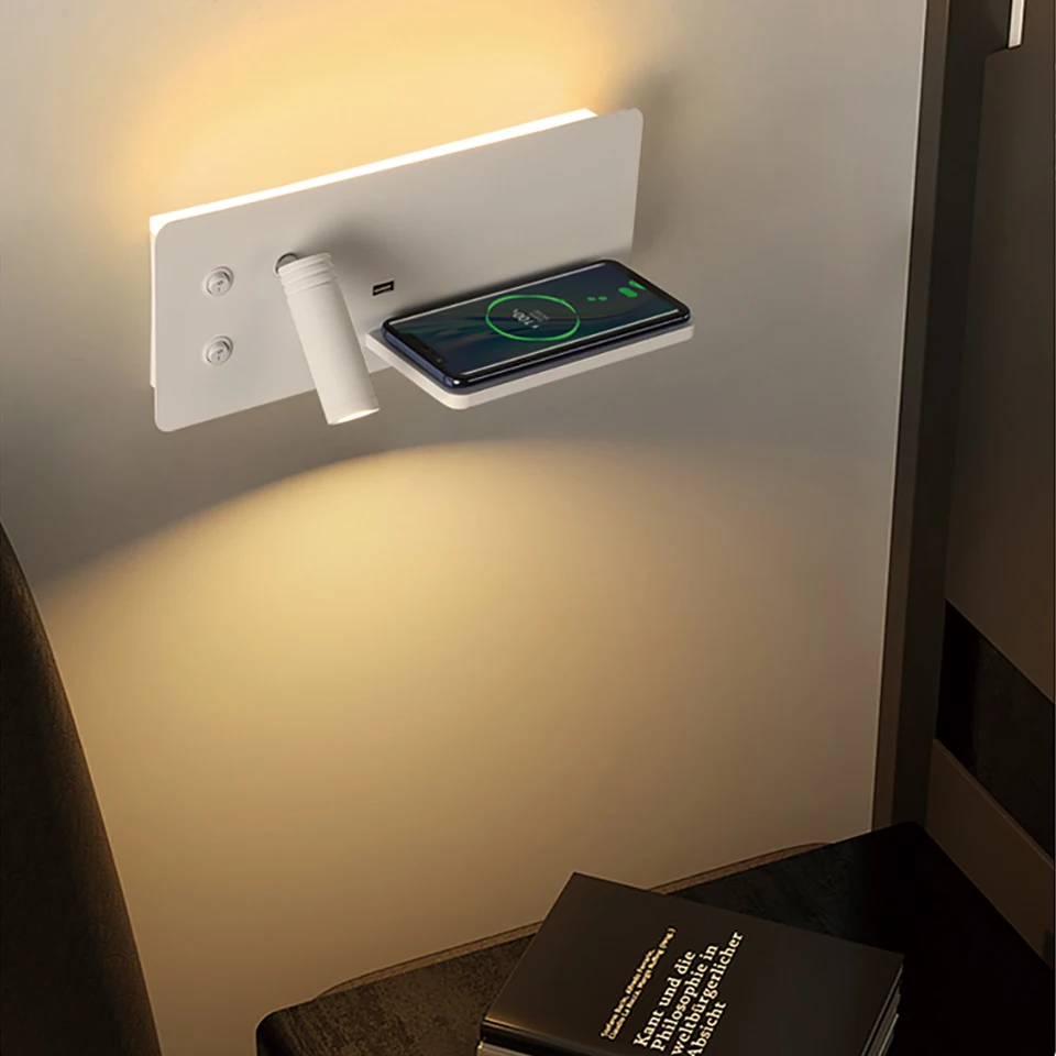 Lámpara LED de pared multifuncional para dormitorio, iluminación moderna con carga inalámbrica, enchufe USB, estante, luces de lectura, 11W
