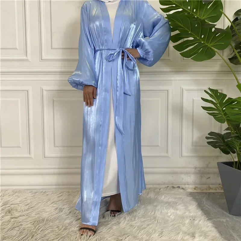 Блестящая шелковая открытая Абая повседневное кимоно турецкая исламская одежда