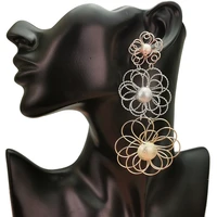 chic hollow big alloy flower long dangle earrings for women statement multicolor drop earrings glamour wedding fashion jewelry