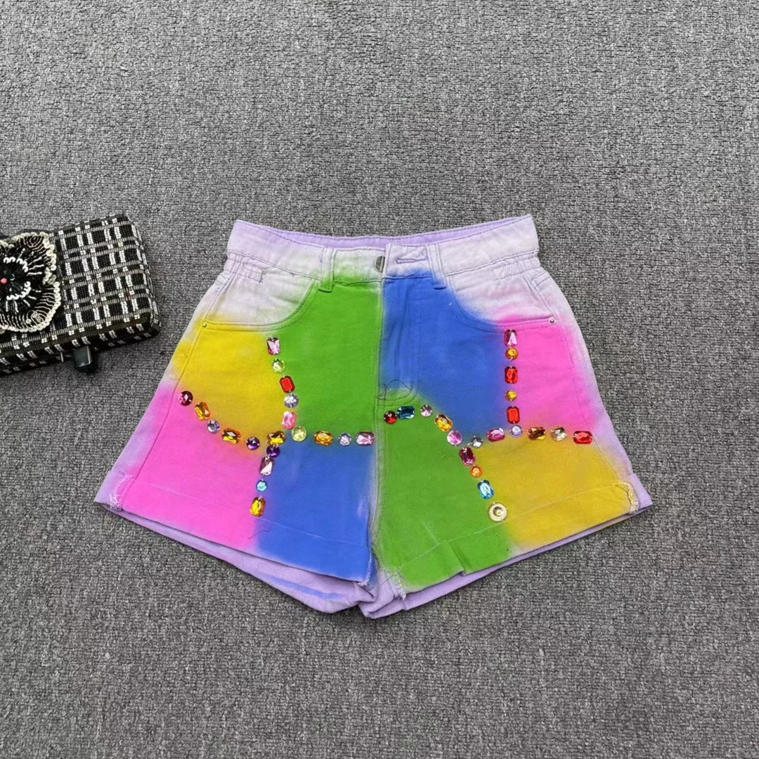 2023 Summer New Design Short Pants Heavy Industry Graffiti Beaded Colorful Crystals Gradient Color A Version Denim Shorts Women