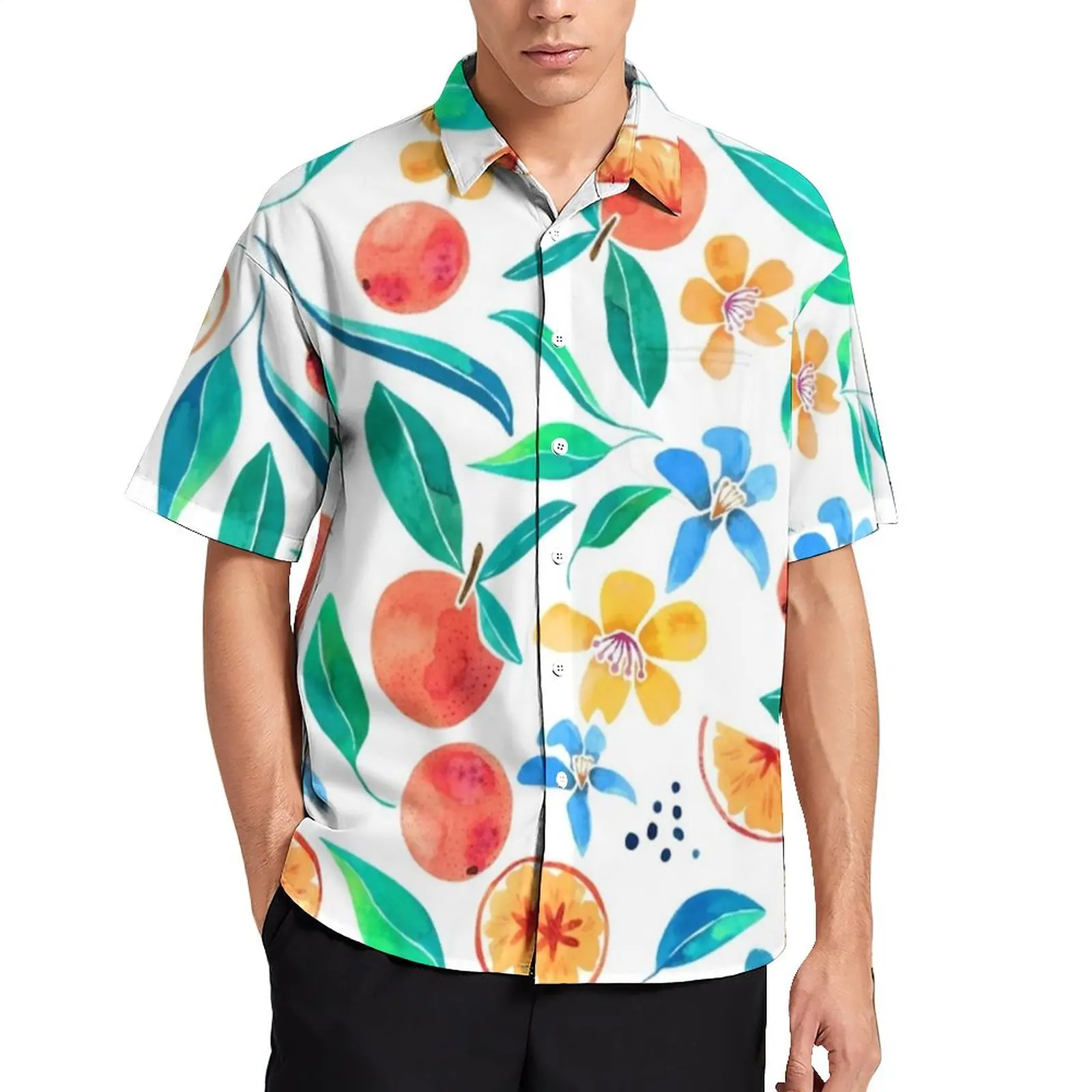 

Oranges Casual Shirt Leaves Flowers Print Vacation Loose Shirt Hawaii Harajuku Blouses Short Sleeve Design Oversized Clothing