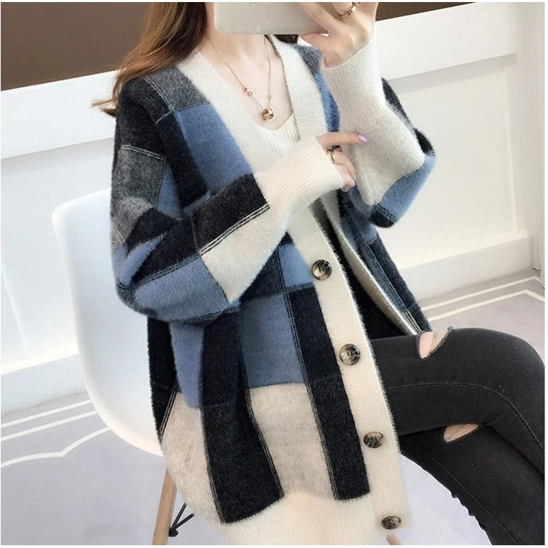 

Мохеровый кардиган #7460, женская теплая Свободная трикотажная одежда, пальто на пуговицах, клетчатый кардиган в Корейском стиле, пальто, женс...