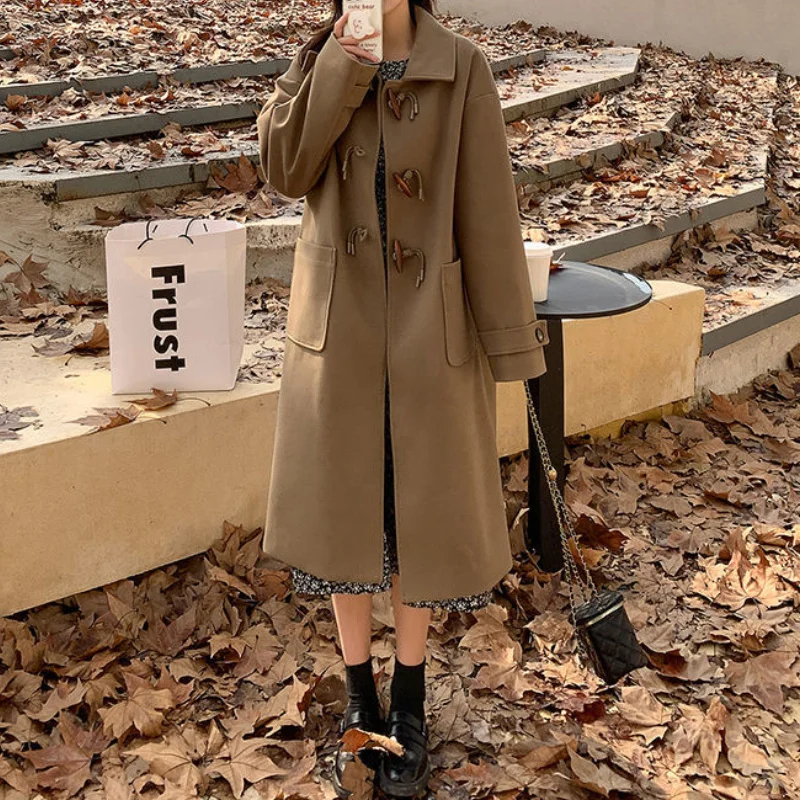 

Корейское модное пальто из хлопка и шерсти, женское классическое пальто в университетском стиле, однорядное Женское шерстяное пальто на пу...