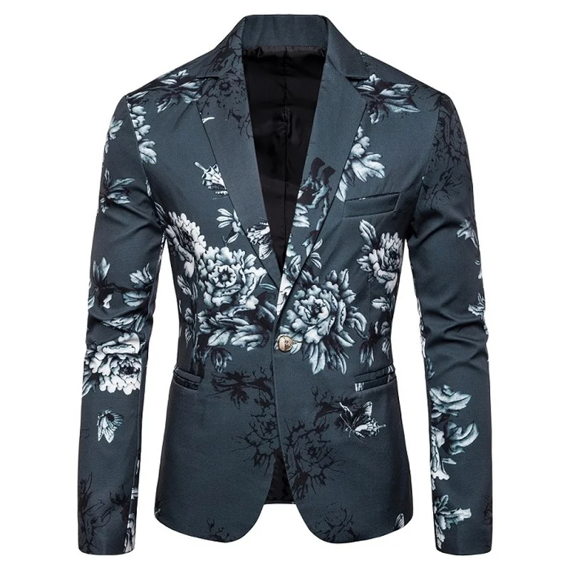 Men's Autumn Blazer Fashion Korean Clothing Prints Fancy Floral Suit Jacket Banquet Stage Dj Dress Coat Casual Slim Fit Blazzer