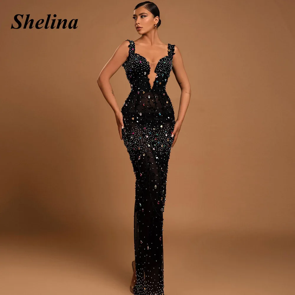 

Shelina Charming Mermaid Homecoming Dresses V-neck Straight Crystal Lace Appliques Beads Sleeveless Vestido De Noite Custom Made