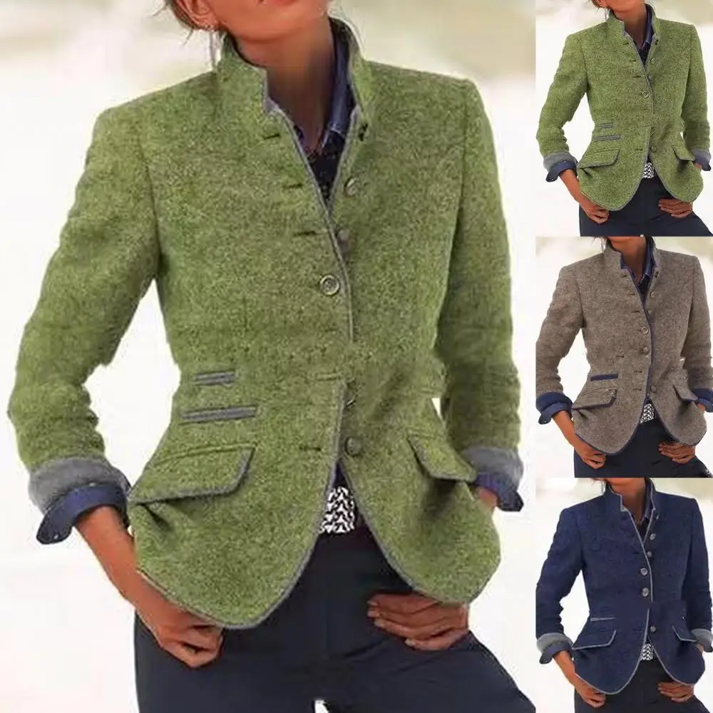 

Winter Button Slim Long Sleeve Women Jacket Woolen Coat Stand Collar Autumn Jacket