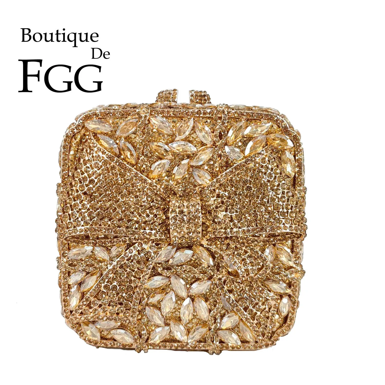 Boutique De FGG Elegant Women Crystal Box Clutch With Bows Evening Bags Fashion Party Dinner Rhinestone Handbags and Purses