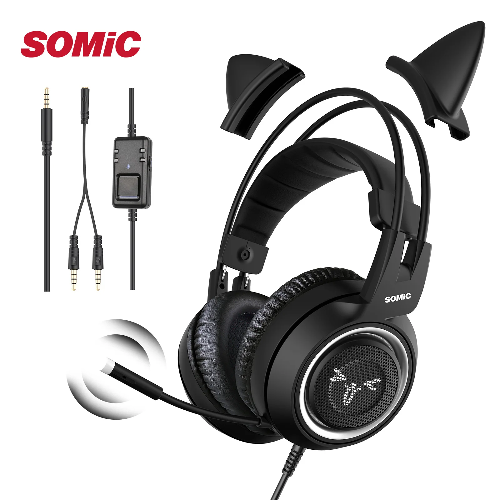 SOMIC-auriculares con cable de 3,5mm para jugador, cascos con orejas de gato negro para PS5, PS4, PC, teléfono, XBOX Switch, con micrófono, G951s
