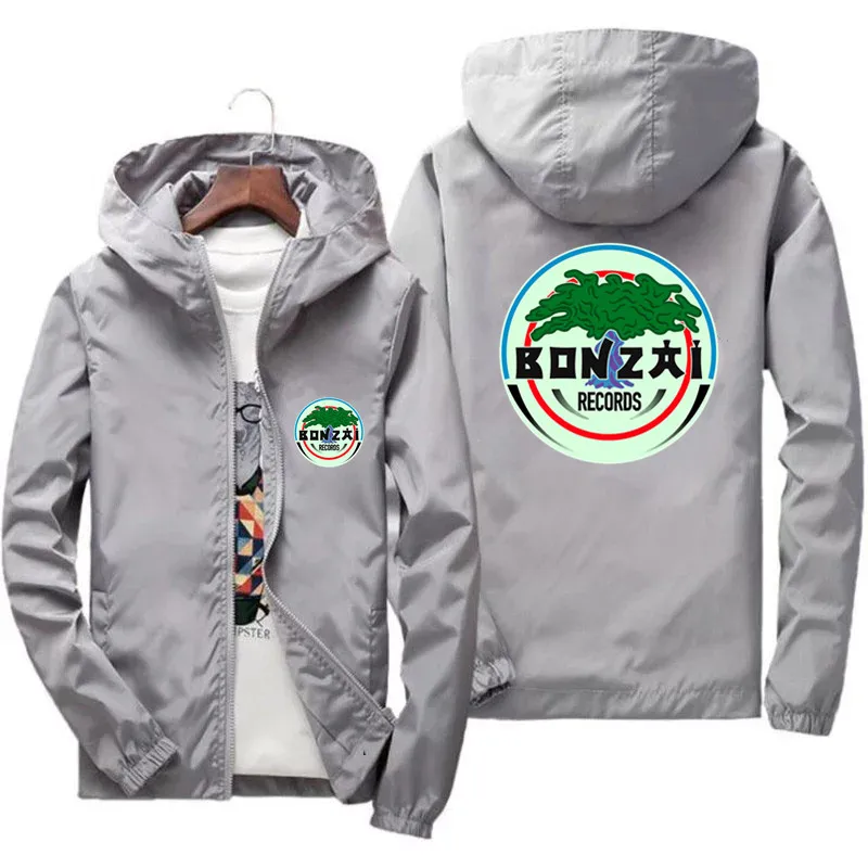 Mens Bonzai Records Thunderdome Hardcore Hooded Bomber Zipper Thin Zipper Windbreaker Cycling Street Coat Jacket Plus Size 7XL