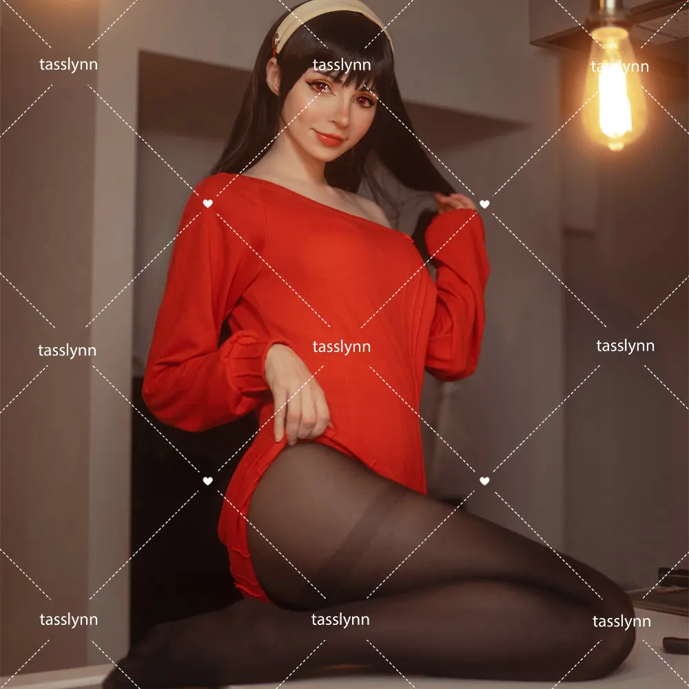 Женский костюм для косплея х семья красный свитер длинный парик серьги головной