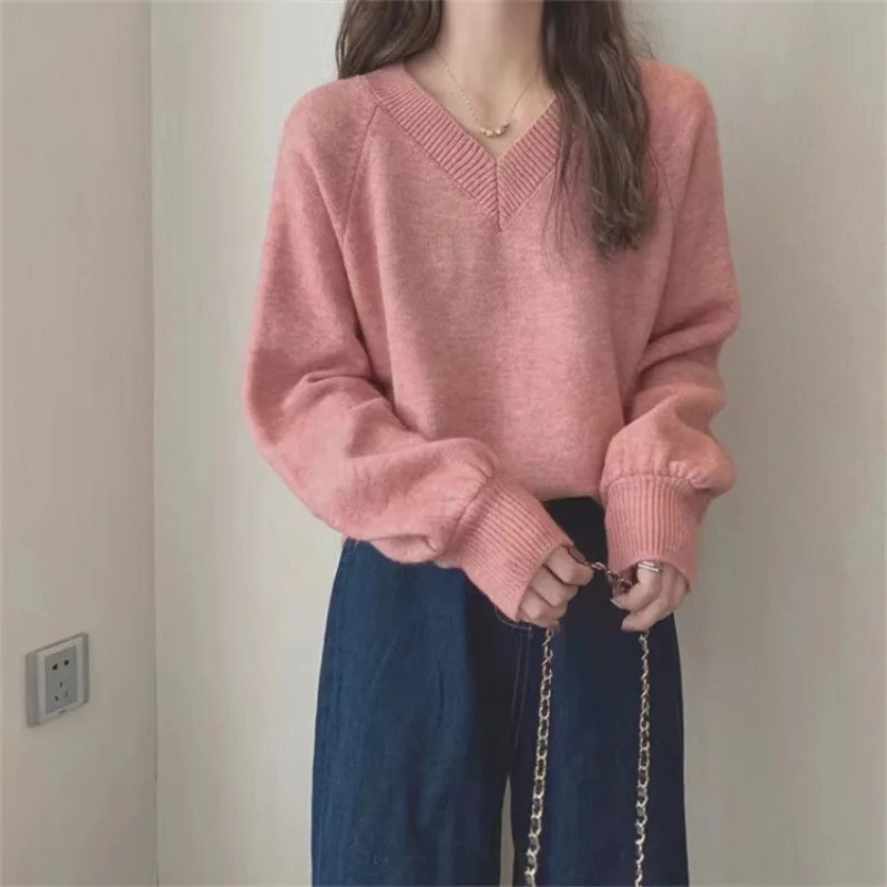

V-neck Soft Long Sleeve Sweater for Women 2022 Autumn Winter New Loose Slim Knitted Long Sleeve Pullover Top Women Pull Coreen