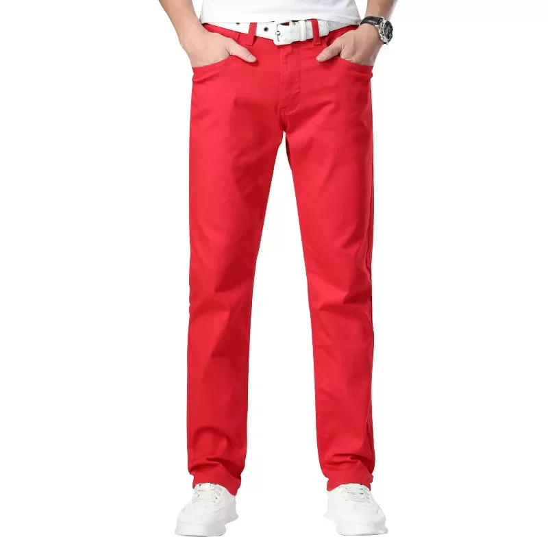 2022New Summer Men Wine Red Jeans Fashion Casual Boutique Business Casual Straight Denim Stretch Trousers Men's Brand Pants