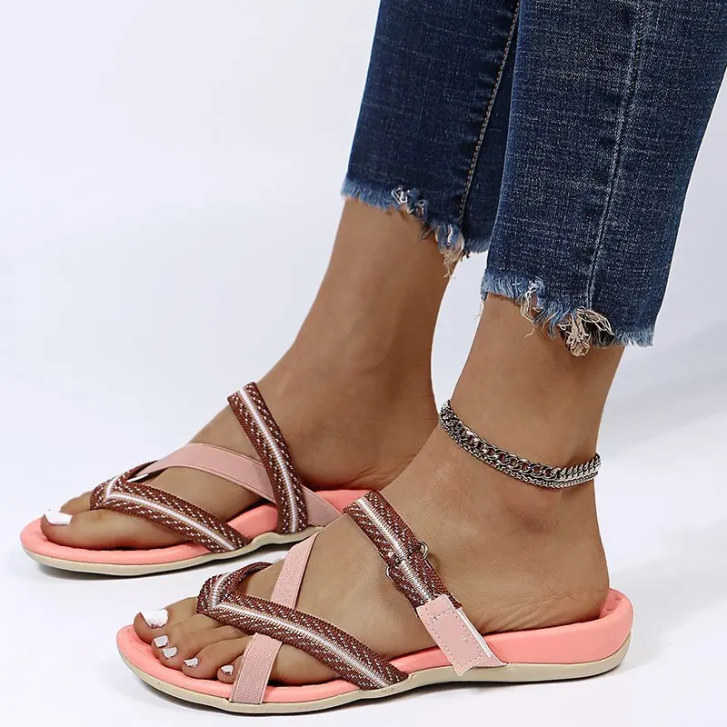 

Slippers Women Striped Cloth Fabric Gladiator Sandals Casual Outdoor Flip Flops Women 2022 Summer Fashion Pink Slides Sandalias
