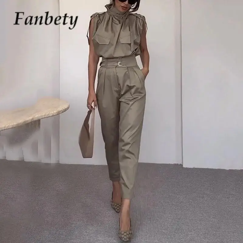 

Женский комплект из двух предметов, однотонный деловой Топ без рукавов и брюки-карандаш с высоким воротом, лето 2023