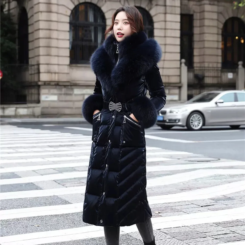 New Women Real Fur Down Coat Winter Double Fox Fur Collar Wash Free Glossy Surface Thicken Warm Belt Slim Long Down Jacket