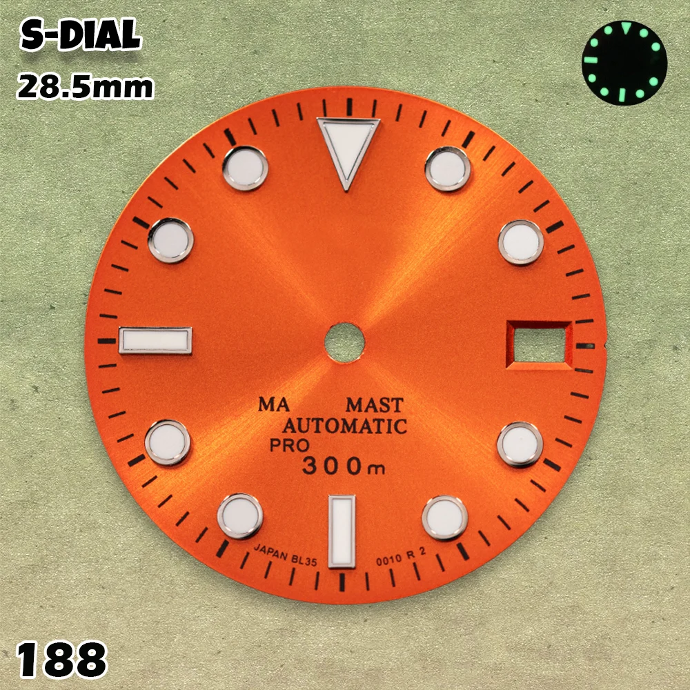 Фото Циферблат NG S Logo 28,5 мм SUBMARINE для механизмов NH35/NH36/4R, с зеленым люминесцентным покрытием C3, для мужских часов, аксессуары для модификации и ремонтные детали. №5