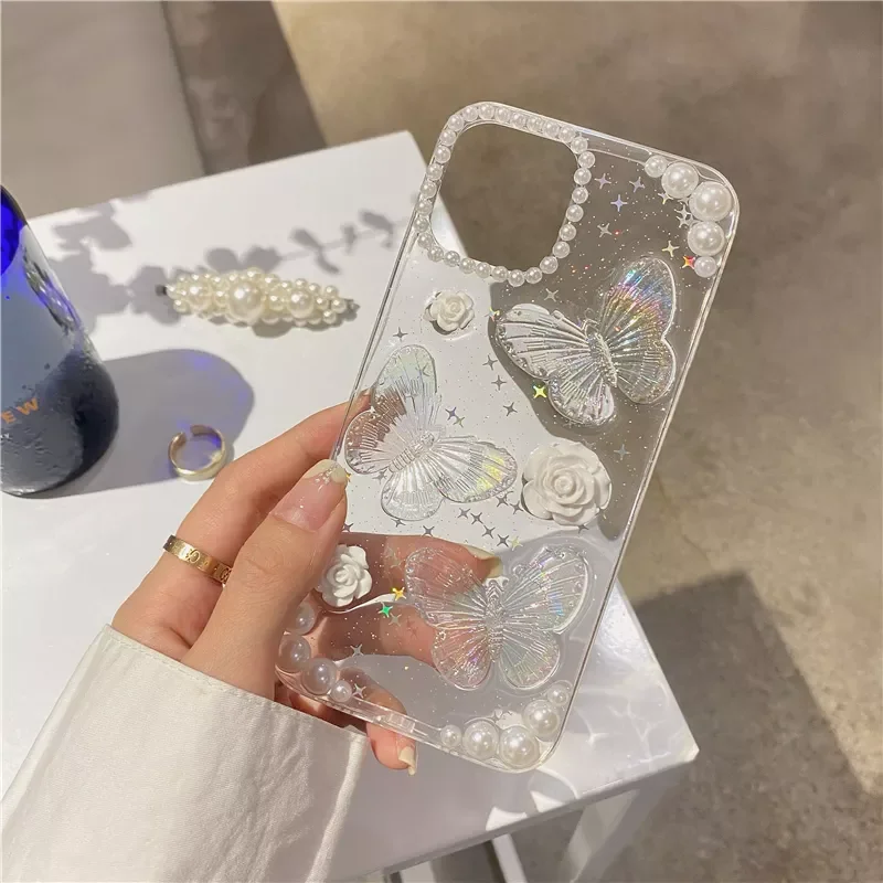 

New Fashion For iPhone 13 12 11 Pro XS Max XR X 8 7 Plus Se 2020 Sequins Soft Shockproof Cover Cute 3D Bow Pearl Rose Phone Cas