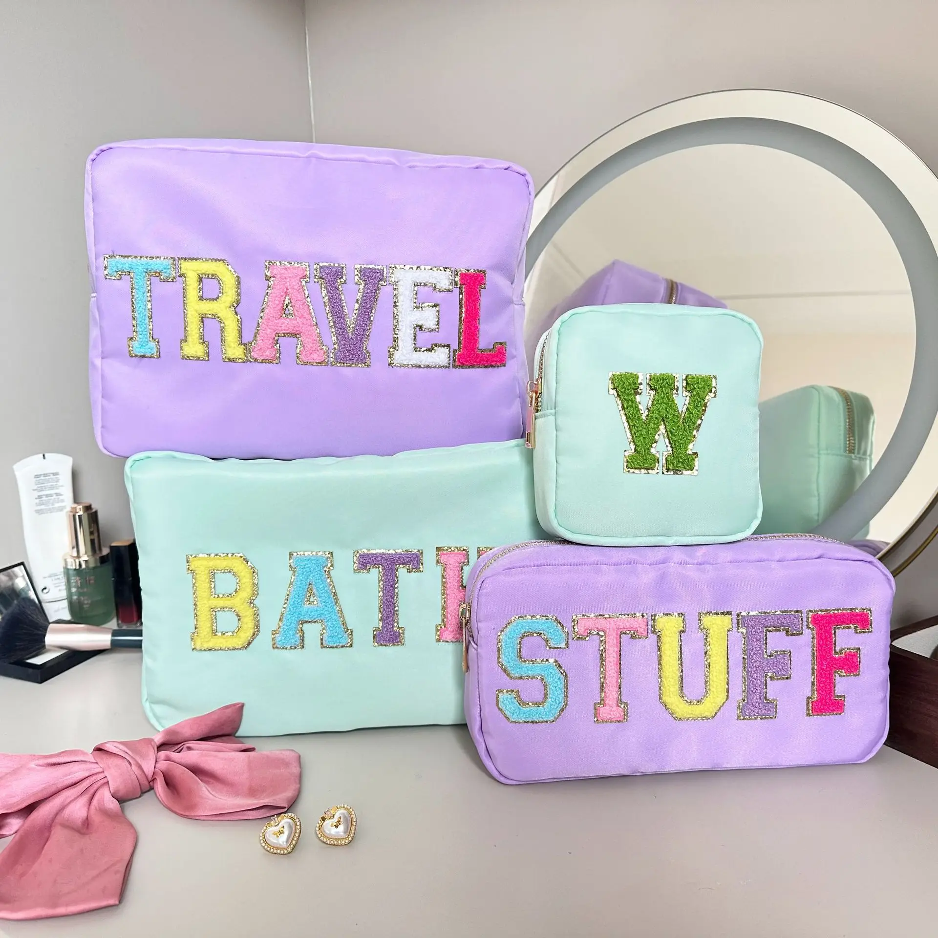 

Large Capacity Women's Cosmetic Bag Simple Solid Color Ladies Nylon Storage Bags College Girls Pencil Case Purse Handbags