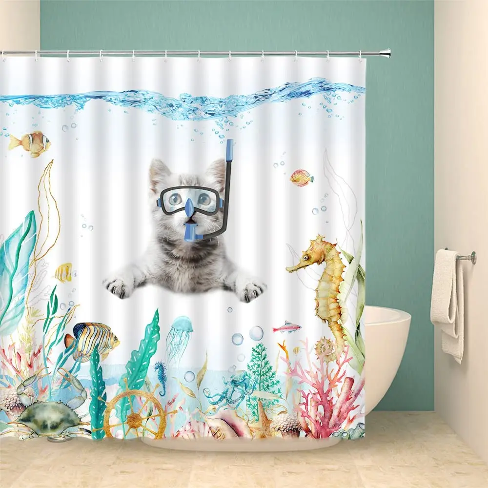 Funny Diving Cat Shower Curtain Ocean Fish Coral Underwater Scenery Creative Watercolor Print Modern Children Bathroom Decor Set