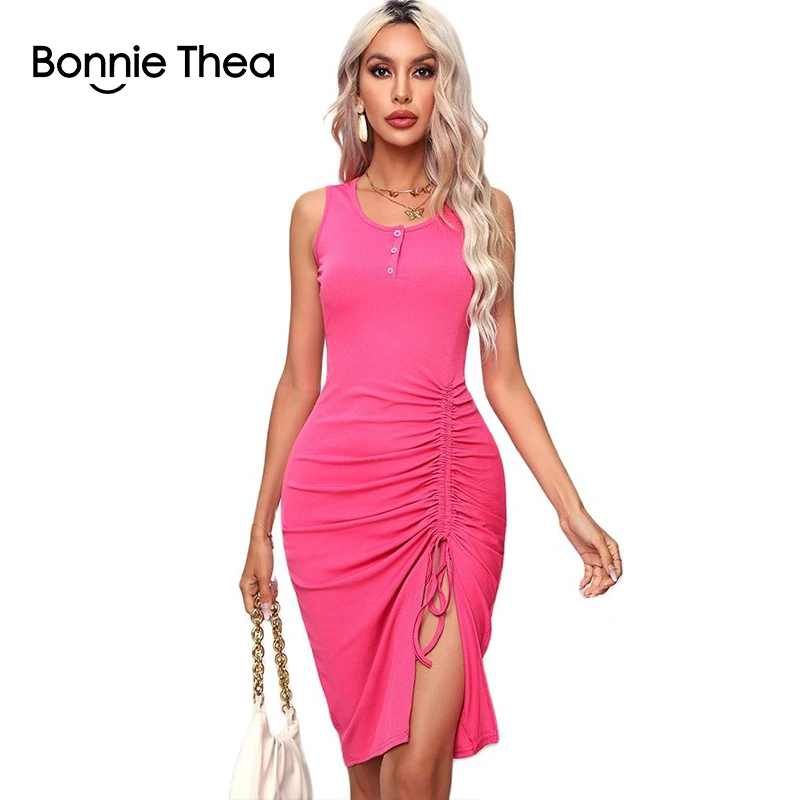 

2023 Summer Female knit cotton Vest Dress Bodycon Drawstring Vent Solid Casual Women Vestidos