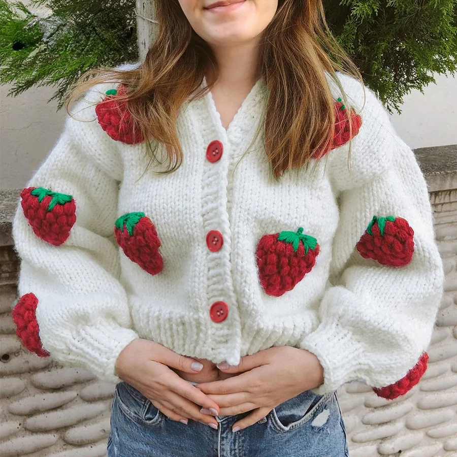 

Women Elegant Strawberry Decoration Christmas Cardigan Sweaters for Women Girls' Single Breasted Loose V-Neck Coat Clothing New
