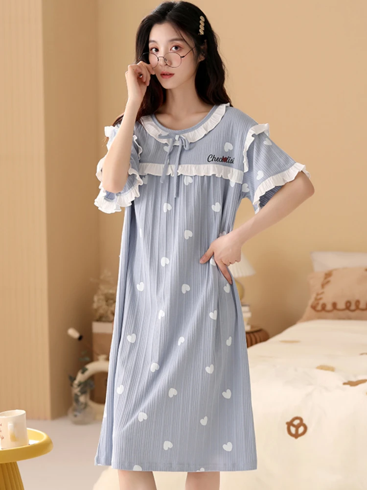 New Home Princess Style Young Girl Cotton Nightdress Knee-Length Summer Short Sleeve Women Sleepwear Dress Slash Neck Nightshirt
