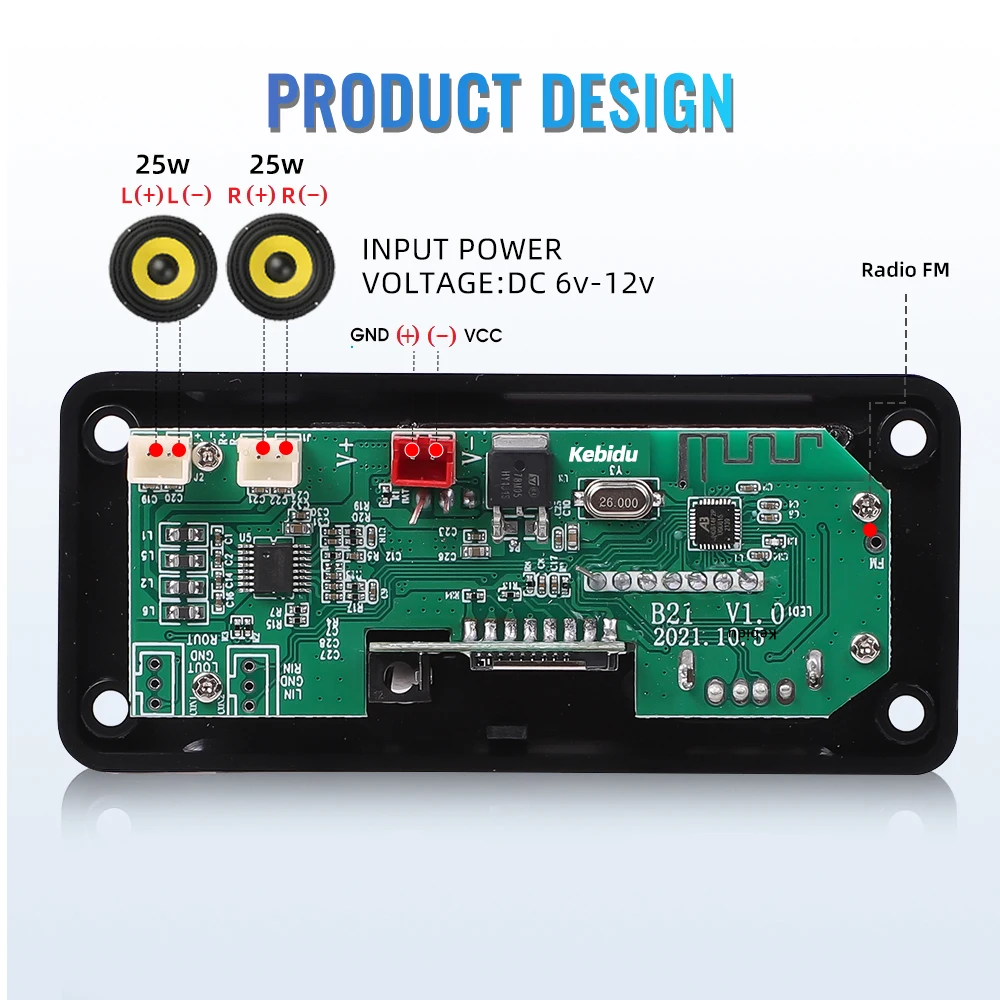Плата mp3-декодера Kebidu 2*25 Вт 5 В 12 с большим цветным экраном Bluetooth 0 автомобильная