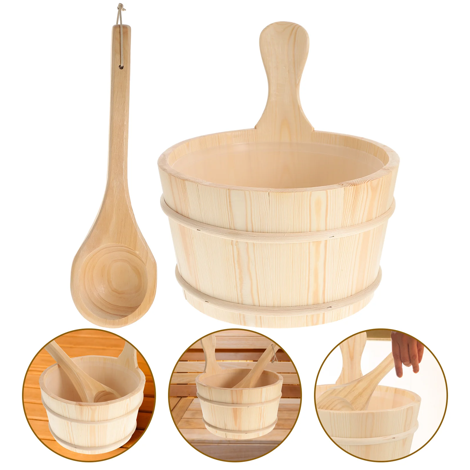 

2 Pcs Wood Barrel Sauna Bucket Ladle Kit Wooden Spoon Sets Bathing Bamboo Scoop