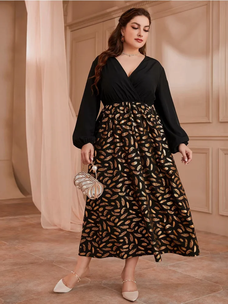 High-waisted temperament commuting long skirt pullover gilded print sexy V-neck dress for women plus size women clothing