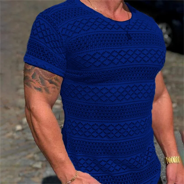 T Shirt Men Lace Hollow Out Short Sleeve Shirts Summer Mens Clothing Best Seller Men's Casual Round Neck Slim Fit Tshirt Tops 3