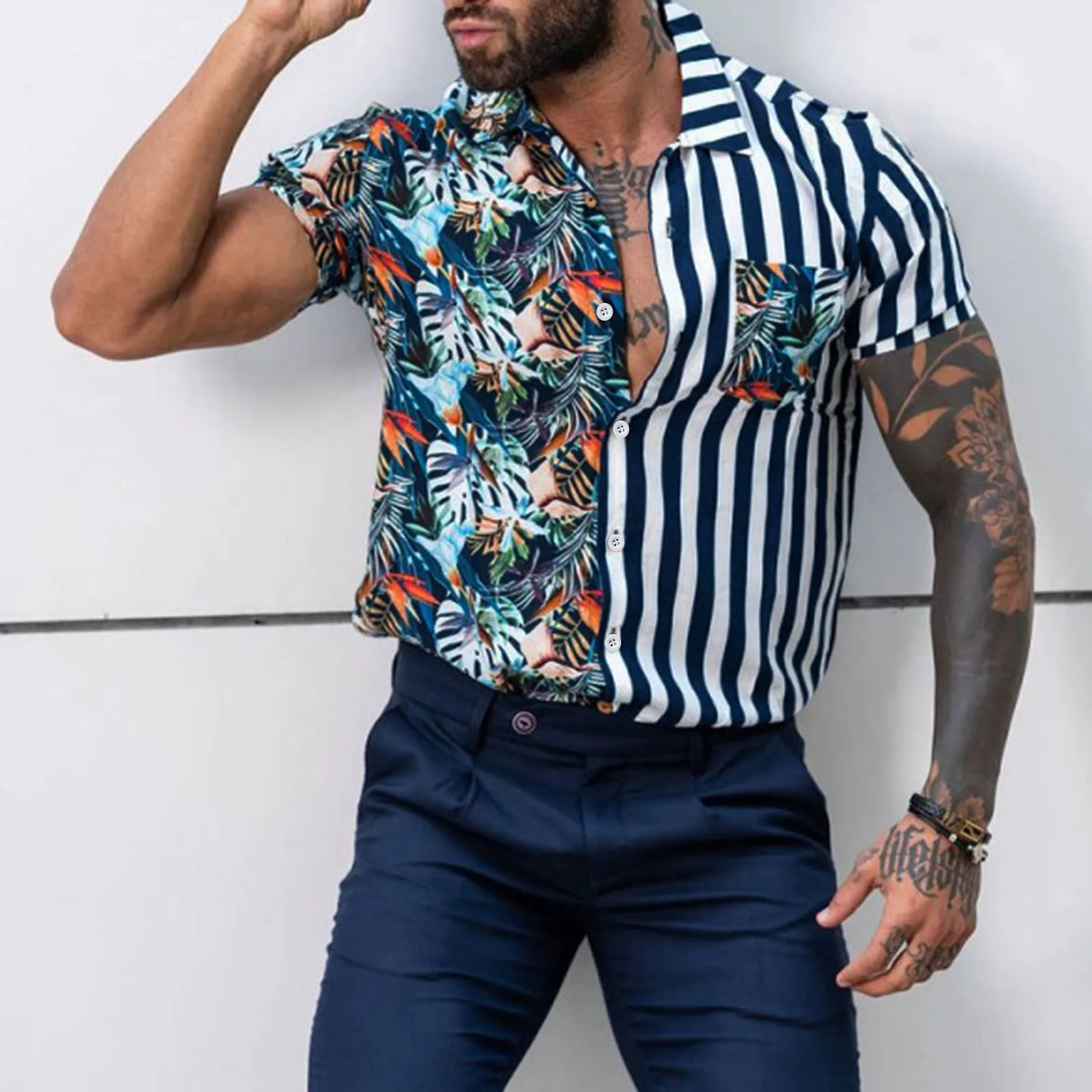 

Рубашка мужская с принтом в полоску, шикарная уличная одежда в стиле пэчворк, Гавайская футболка с короткими рукавами, винтажная одежда, лет...