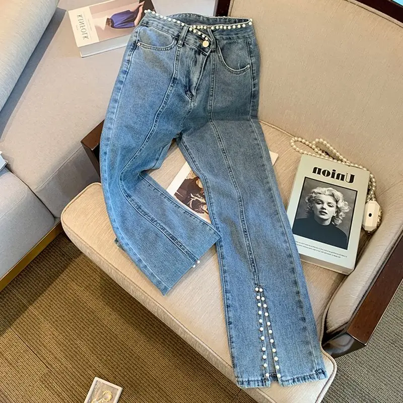 pinned bead high waist split jeans for women 2023 Spring Autumn New style straight tube  thin  flared pants trend