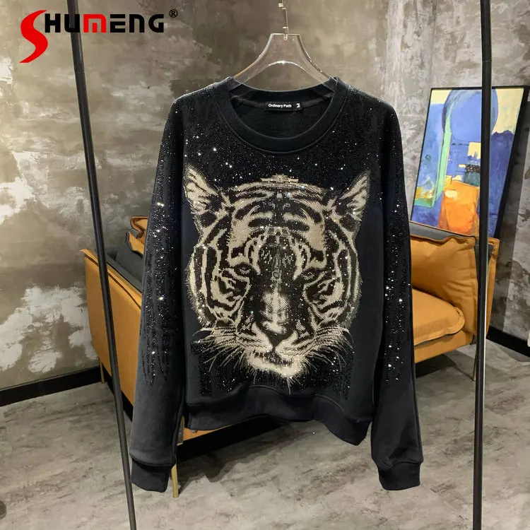 

New Fashion Spring and Autumn Black Rhinestone Hoodies Streetwear Tiger Head Diamond Round-Neck Shirt Handsome Hoodie Tops