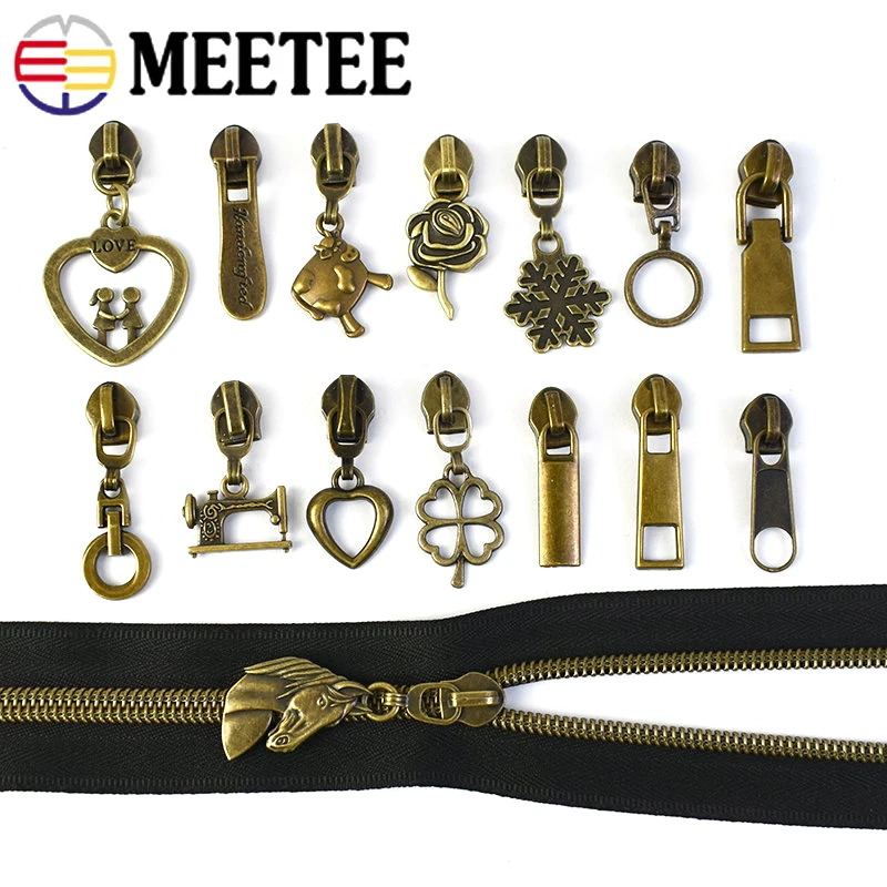 

2/4Meters 5# Bronze Nylon Zippers Tapes with Zipper Puller Sliders Bag Pocket Decoration Zips Head Repair Kit DIY Accessories